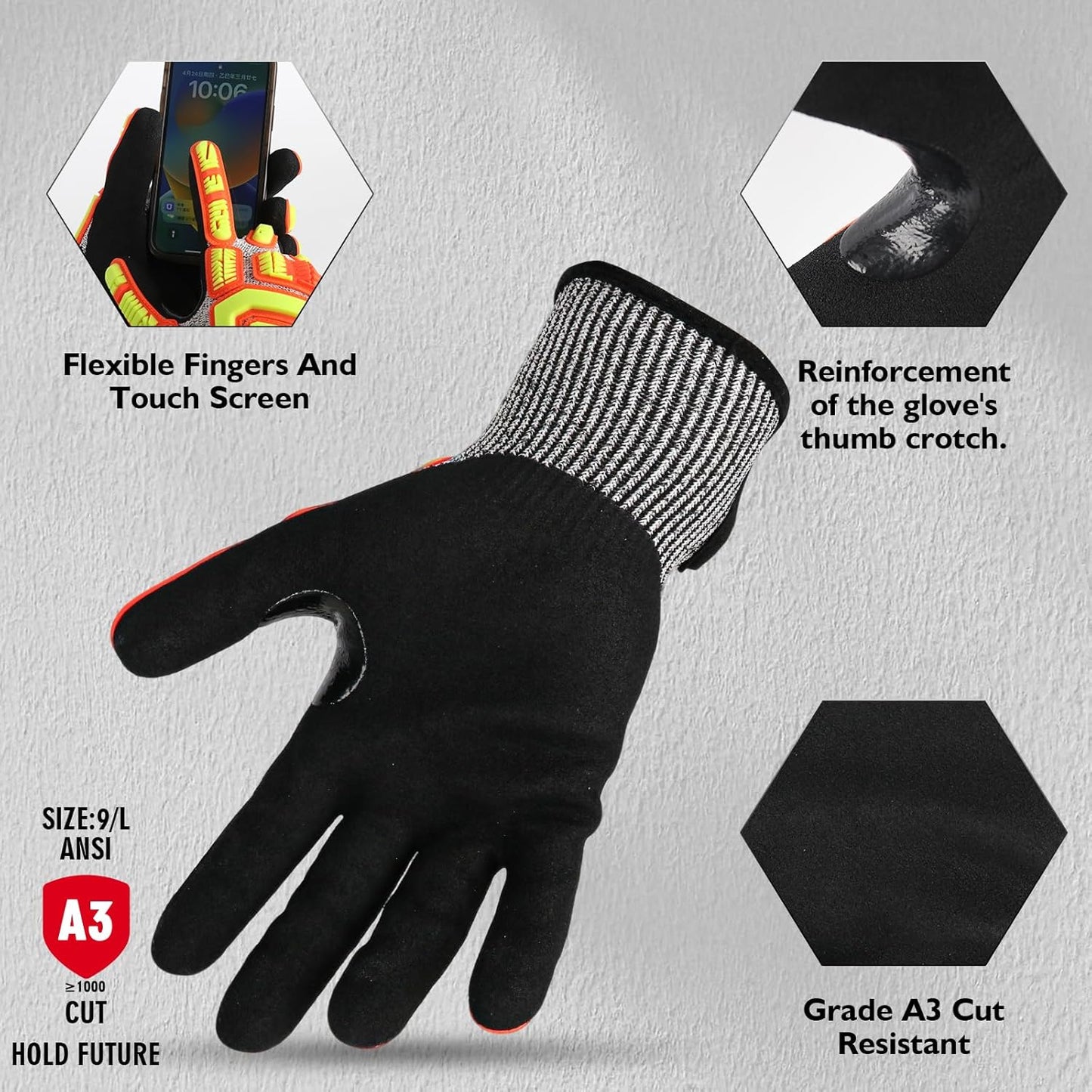Protective Gloves Cut Resistant A3 Impact Resistant Touchscreen Sandy Nitrile Coating Reinforcement