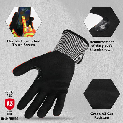 Protective Gloves Cut Resistant A3 Impact Resistant Touchscreen Sandy Nitrile Coating Reinforcement