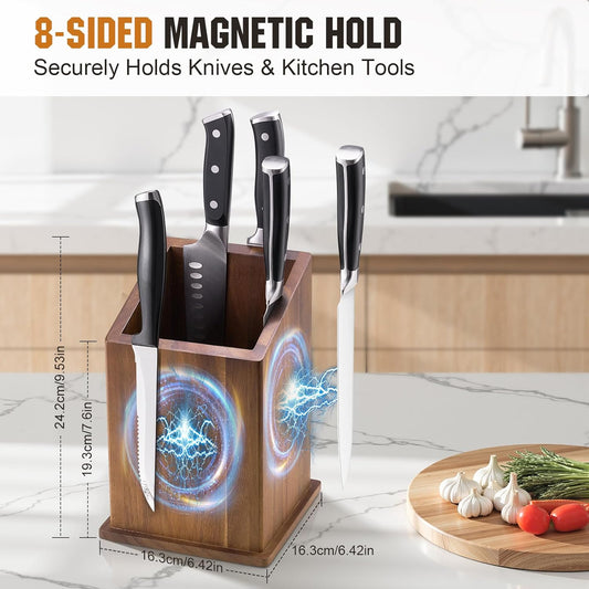 Magnetic Knife Holder without Knives, Acacia Wood Kitchen Utensil Holder with Strong Magnet, Universal Knife Block for Knives, Scissors & Utensils