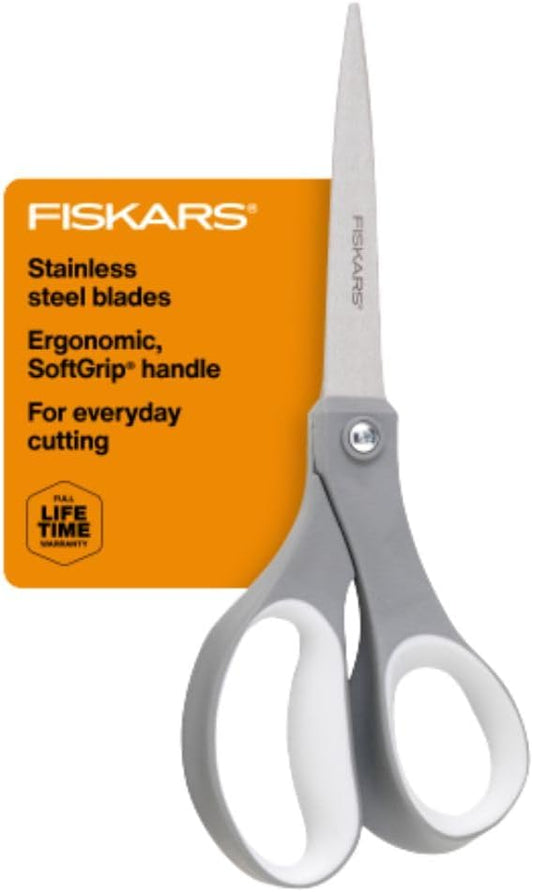 8" SoftGrip Everyday All Purpose Scissors, Office & Crafts, Grey | For Paper, Cardboard & Photos, Precision Stainless Steel Blades, Ergonomic SoftGrip Handles for Comfort & Control