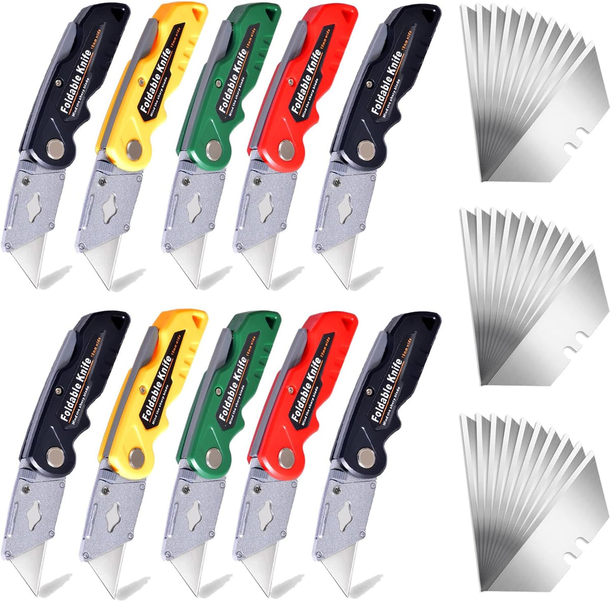 10-Pack Heavy Duty Folding Box Cutter Set, Utility Razor Knife | with 30 Replacement Blades, Professional Utility Razor Knife