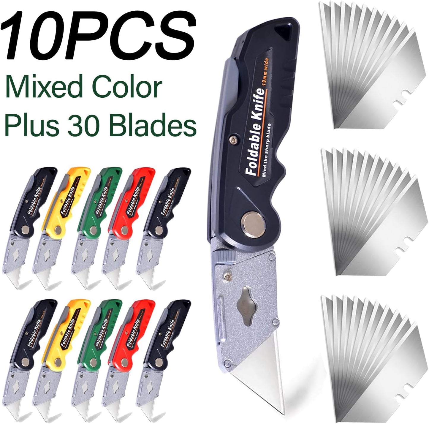 10-Pack Heavy Duty Folding Box Cutter Set, Utility Razor Knife | with 30 Replacement Blades, Professional Utility Razor Knife