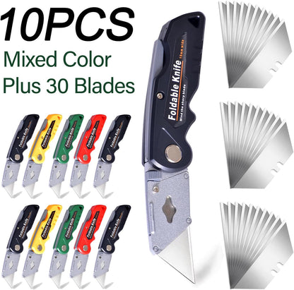 10-Pack Heavy Duty Folding Box Cutter Set, Utility Razor Knife | with 30 Replacement Blades, Professional Utility Razor Knife