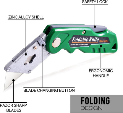 10-Pack Heavy Duty Folding Box Cutter Set, Utility Razor Knife | with 30 Replacement Blades, Professional Utility Razor Knife