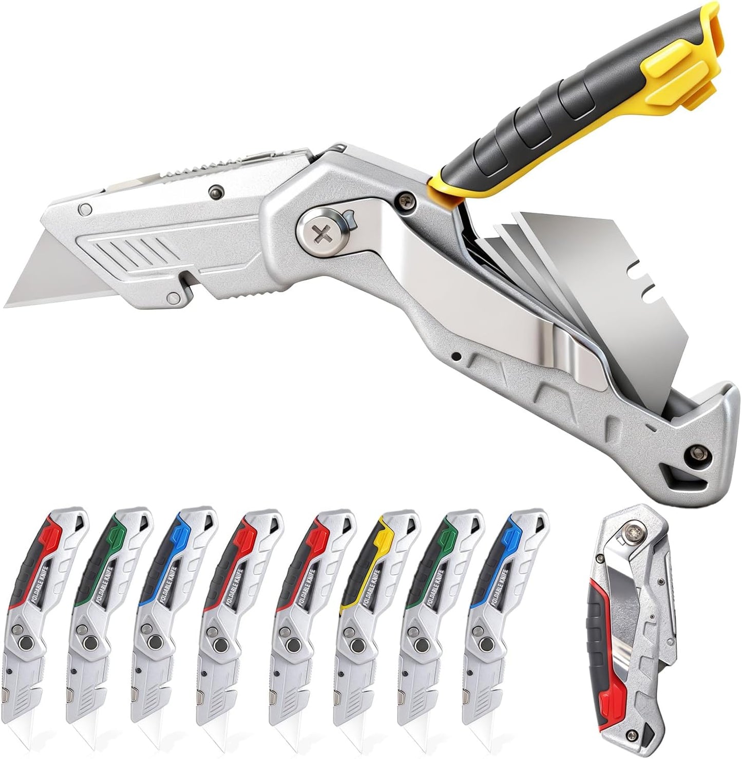 10-Pack Heavy Duty Folding Box Cutter Set, Utility Razor Knife | with 30 Replacement Blades, Professional Utility Razor Knife