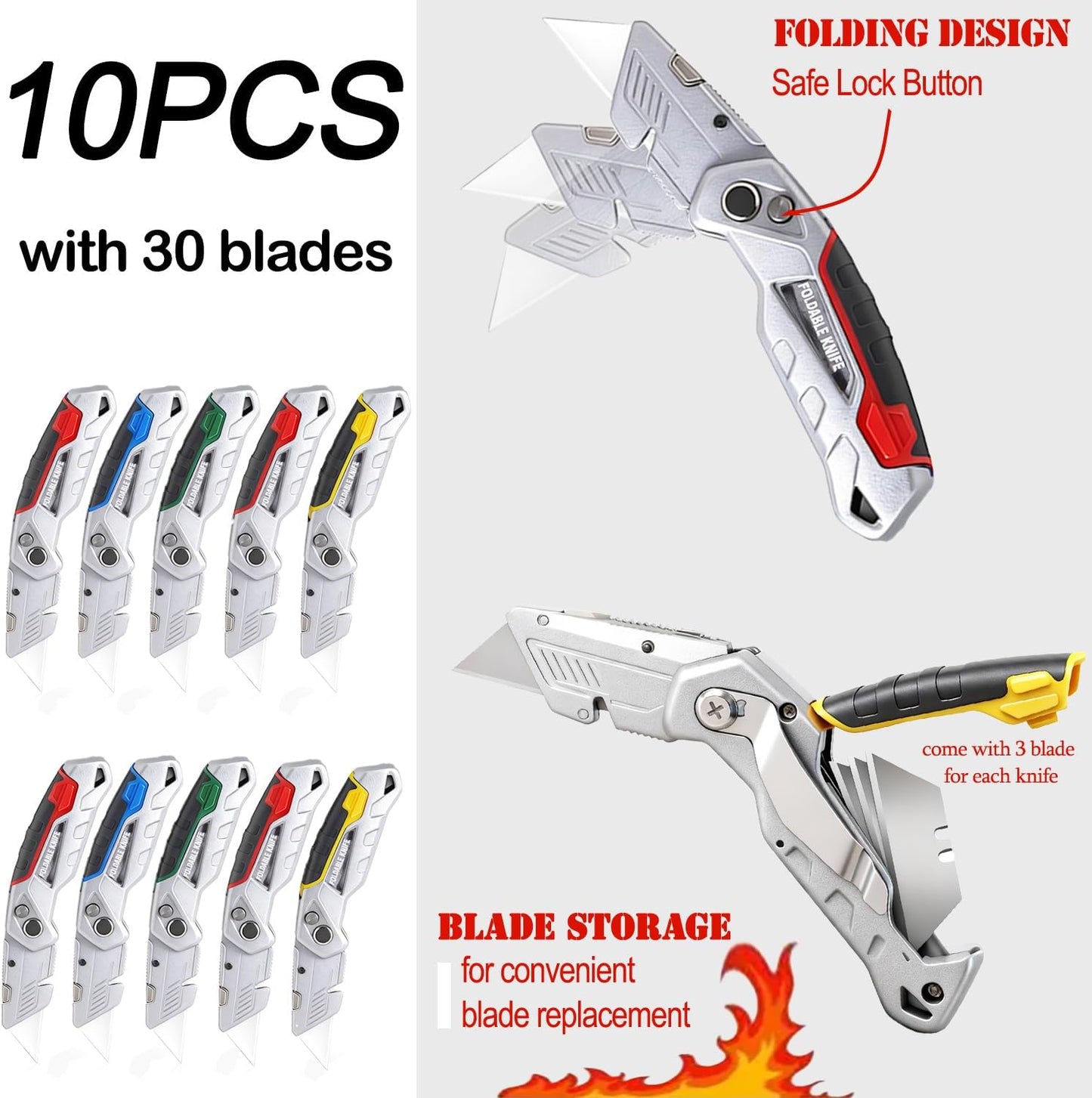 10-Pack Heavy Duty Folding Box Cutter Set, Utility Razor Knife | with 30 Replacement Blades, Professional Utility Razor Knife