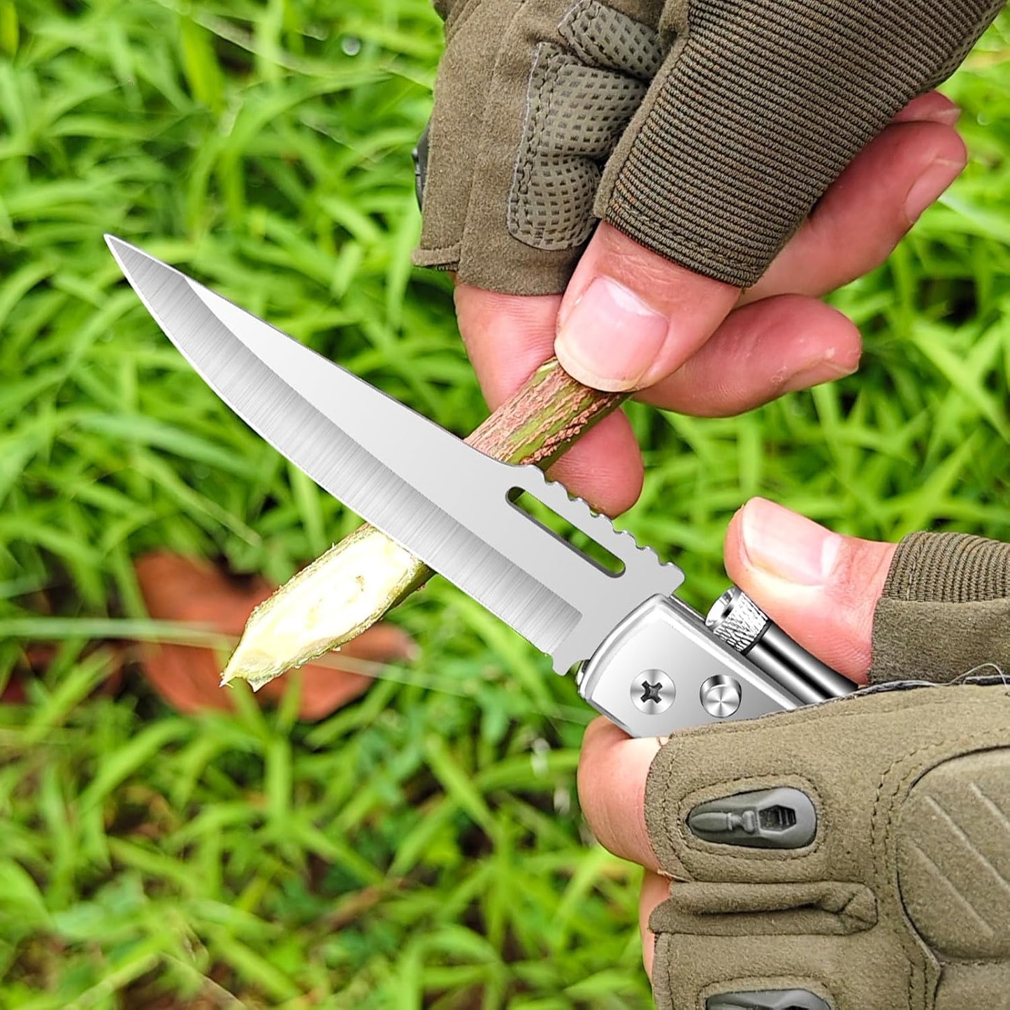 AK47 Style Tactical Folding Knife 4-Pack – Bulk Set with LED Light, Wood Handle, Laser Engraving Ready, Groomsmen Gifts for Men, Outdoor Camping Hiking Gear (4)