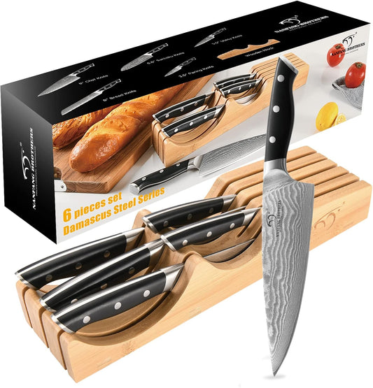 In-Drawer Knife Block with 5 Pieces Japanese Damascus Knives, Bamboo Knife Drawer Organizer with 67-Layer Damascus Steel, Perfect for Home and Chefs, Slots for 5 Knives Kitchen Drawer, Counter Top