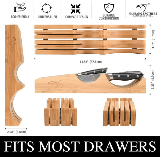 In-Drawer Knife Block with 5 Pieces Japanese Damascus Knives, Bamboo Knife Drawer Organizer with 67-Layer Damascus Steel, Perfect for Home and Chefs, Slots for 5 Knives Kitchen Drawer, Counter Top