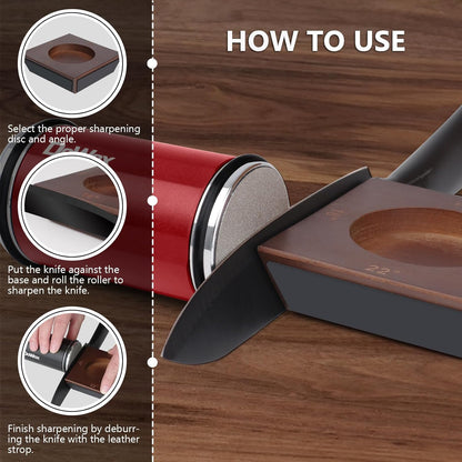 Longer Rolling Knife Sharpener with Leather Strop, Upgraded Rolling Knife Sharpening with 4 Degree Angle and 4PCS Replaceable Honing Discs, Easy to Sharpen Ktichen Knives, Red, DW-RS2-Red