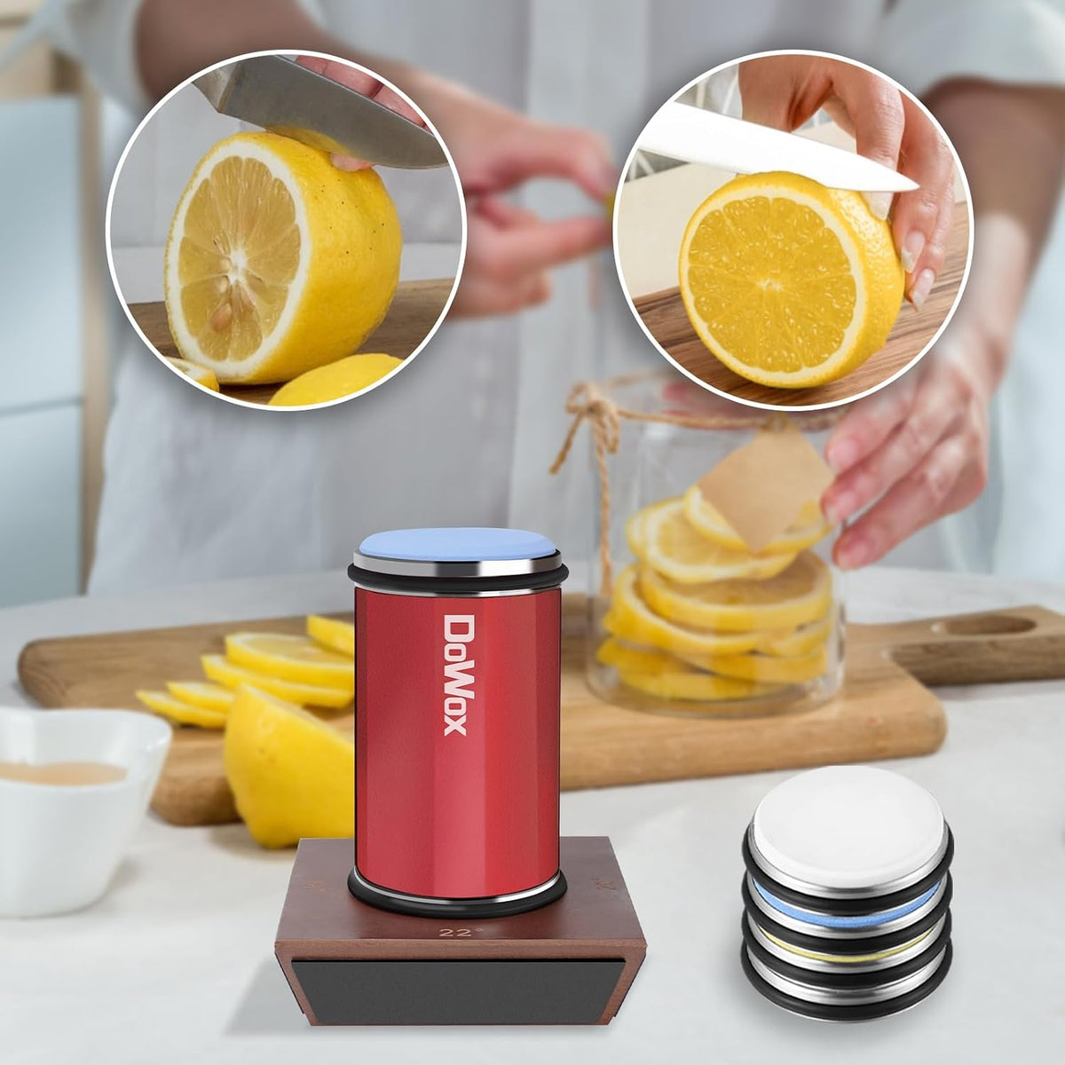 Longer Rolling Knife Sharpener with Leather Strop, Upgraded Rolling Knife Sharpening with 4 Degree Angle and 4PCS Replaceable Honing Discs, Easy to Sharpen Ktichen Knives, Red, DW-RS2-Red
