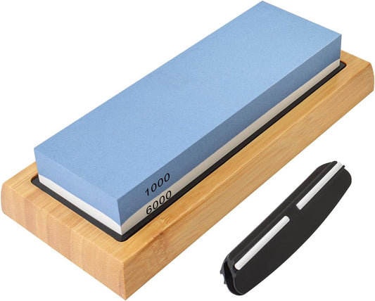 Knife Sharpening Stone 1000/6000 Grit Whetstone with Non-Slip Rubber Bamboo Base and Angle Guide for Kitchen, Hunting and Pocket Knives