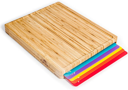 Bamboo Wood Cutting Board Set with 6 Color-Coded Mats and Food Icons for Easy Meal Prep and Cleanup