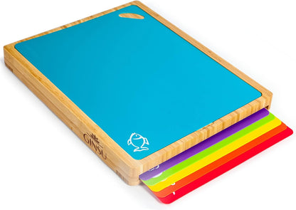 Bamboo Wood Cutting Board Set with 6 Color-Coded Mats and Food Icons for Easy Meal Prep and Cleanup