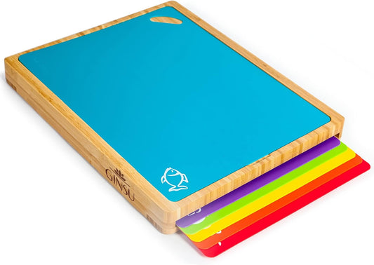 Bamboo Wood Cutting Board Set with 6 Color-Coded Mats and Food Icons for Easy Meal Prep and Cleanup