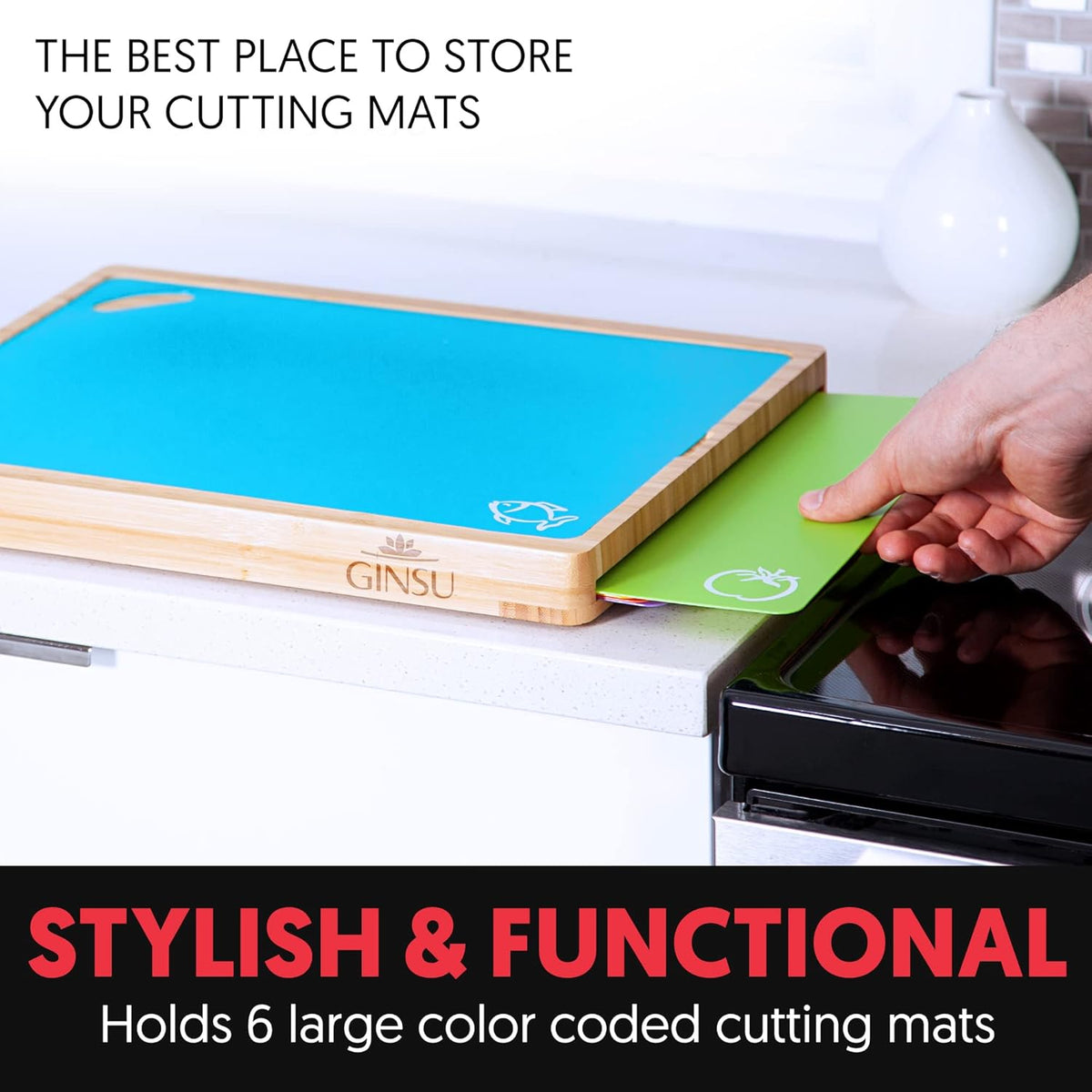 Bamboo Wood Cutting Board Set with 6 Color-Coded Mats and Food Icons for Easy Meal Prep and Cleanup