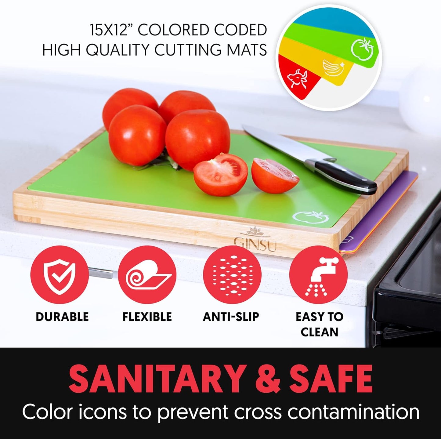 Bamboo Wood Cutting Board Set with 6 Color-Coded Mats and Food Icons for Easy Meal Prep and Cleanup
