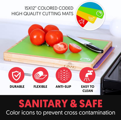 Bamboo Wood Cutting Board Set with 6 Color-Coded Mats and Food Icons for Easy Meal Prep and Cleanup