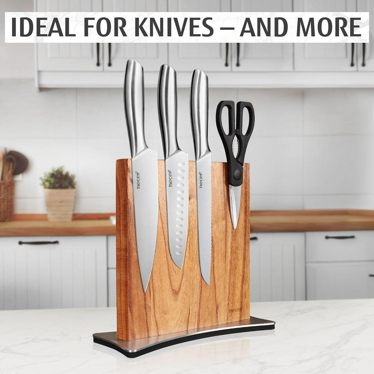Magnetic Knife Block Holder, Double-Sided Storage | Strong Enhanced Magnets, Premium Wood, Non-Slip Stainless Steel Base, Multifunctional Rack Storage, Gift-Ready Packaging