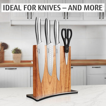 Magnetic Knife Block Holder, Double-Sided Storage | Strong Enhanced Magnets, Premium Wood, Non-Slip Stainless Steel Base, Multifunctional Rack Storage, Gift-Ready Packaging