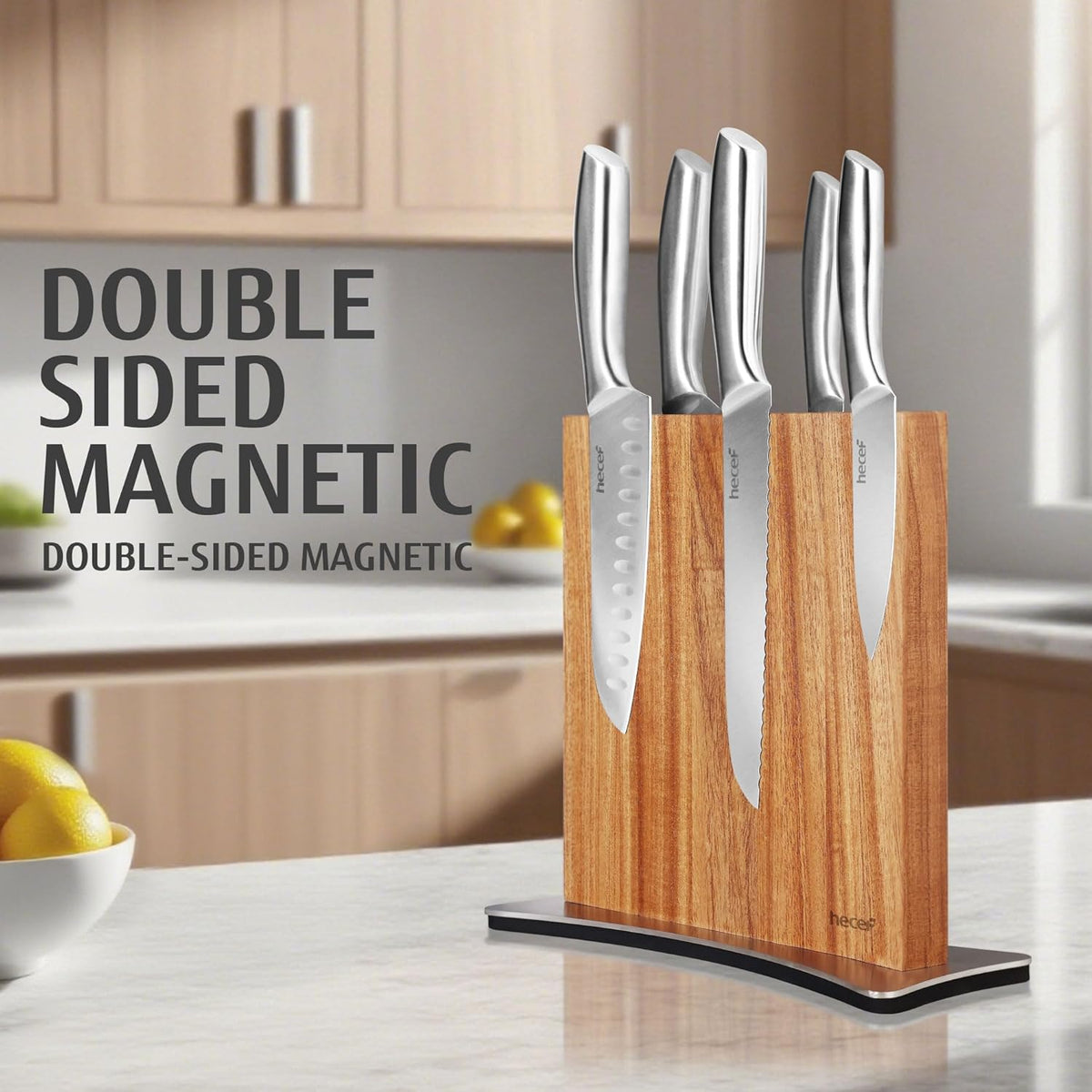 Magnetic Knife Block Holder, Double-Sided Storage | Strong Enhanced Magnets, Premium Wood, Non-Slip Stainless Steel Base, Multifunctional Rack Storage, Gift-Ready Packaging