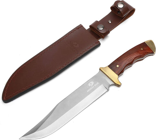 14-inch Bowie Knife, Wood Handle, Hunting Knife | Full-tang Fixed Blade, Leather Sheath, Hunting Knives for Camping, Hiking, Survival