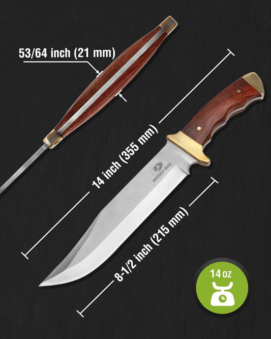 14-inch Bowie Knife, Wood Handle, Hunting Knife | Full-tang Fixed Blade, Leather Sheath, Hunting Knives for Camping, Hiking, Survival