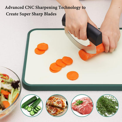 Come Apart Mezzaluna Salad Chopper Knife Tool, Easy Cleaning, Super Sharp Double Blade Stainless Steel Rocker Knife for Lettuce Vegetables w/Blade Covers, Pizza Cutter Slicer
