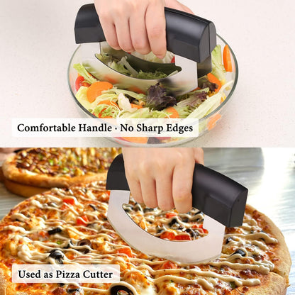 Come Apart Mezzaluna Salad Chopper Knife Tool, Easy Cleaning, Super Sharp Double Blade Stainless Steel Rocker Knife for Lettuce Vegetables w/Blade Covers, Pizza Cutter Slicer