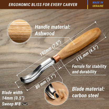 Wood Carving Bent Gouge K8a/14 0.55" - Spoon Carving Tools - Woodworking Hand Chisel Compact Wood Carving Knife for Beginners and Profi - Hobbies for Adults and Kids - Carbon Steel Blade
