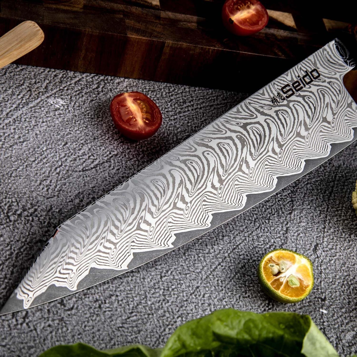 Seido Epokishi 8.5 Inch AUS-10 Damascus Kiritsuke Knife, Orange Resin | Japanese-style kiritsuke knife with AUS-10 steel, 67-layer Damascus finish, and vibrant orange resin handle.