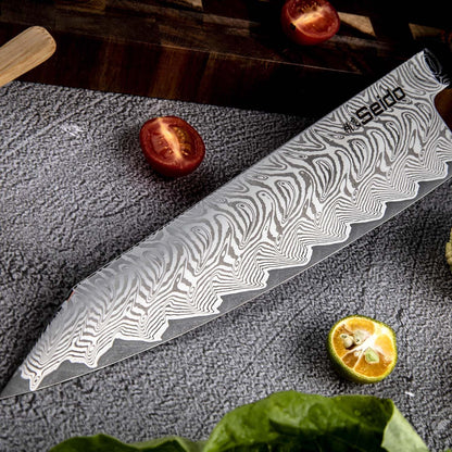 Seido Epokishi 8.5 Inch AUS-10 Damascus Kiritsuke Knife, Orange Resin | Japanese-style kiritsuke knife with AUS-10 steel, 67-layer Damascus finish, and vibrant orange resin handle.