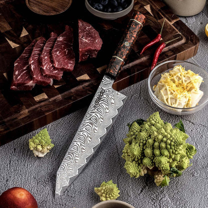 Seido Epokishi 8.5 Inch AUS-10 Damascus Kiritsuke Knife, Orange Resin | Japanese-style kiritsuke knife with AUS-10 steel, 67-layer Damascus finish, and vibrant orange resin handle.