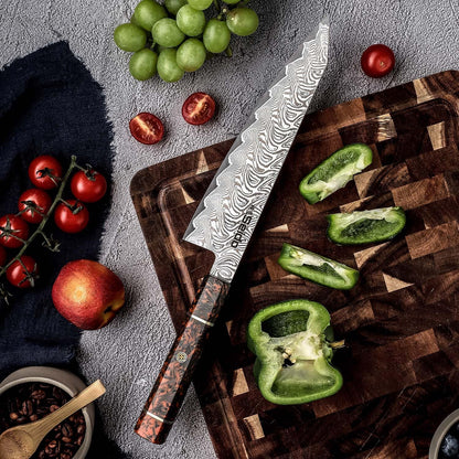 Seido Epokishi 8.5 Inch AUS-10 Damascus Kiritsuke Knife, Orange Resin | Japanese-style kiritsuke knife with AUS-10 steel, 67-layer Damascus finish, and vibrant orange resin handle.