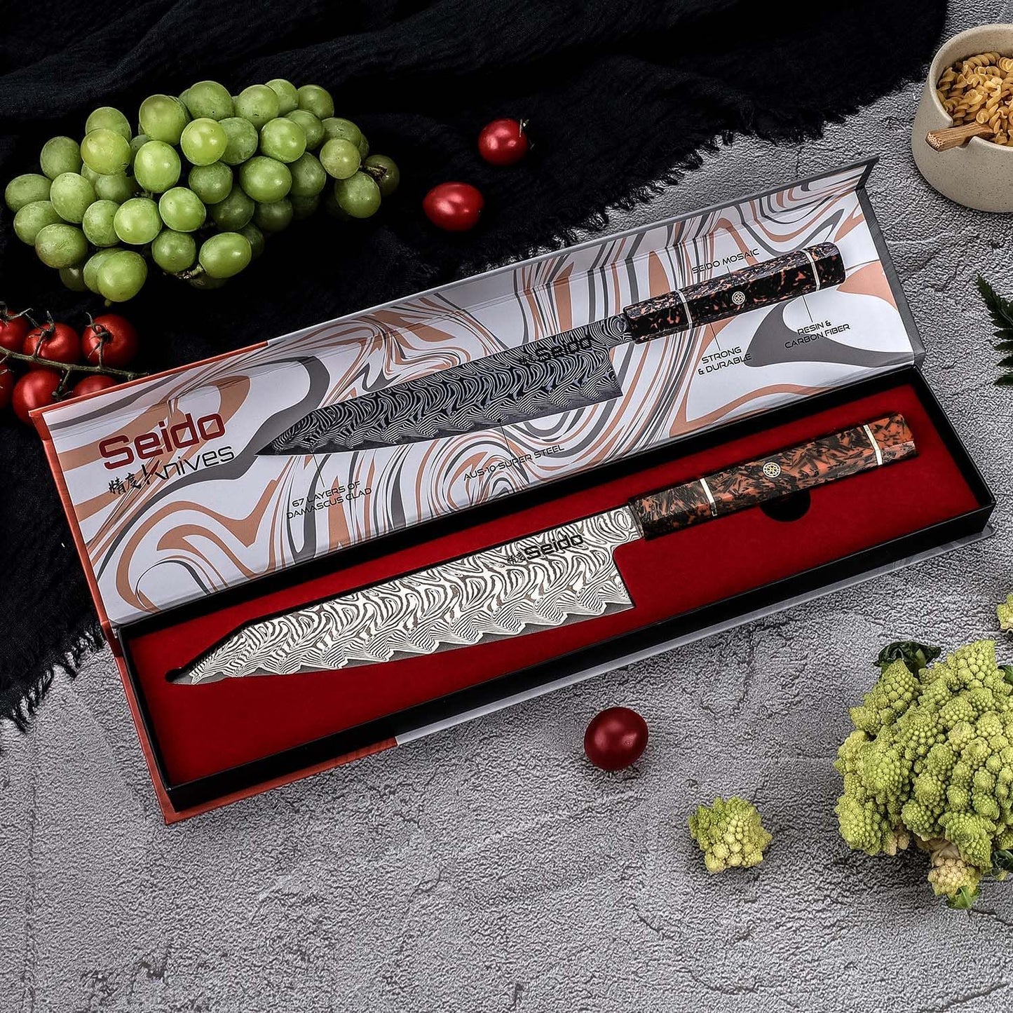Seido Epokishi 8.5 Inch AUS-10 Damascus Kiritsuke Knife, Orange Resin | Japanese-style kiritsuke knife with AUS-10 steel, 67-layer Damascus finish, and vibrant orange resin handle.