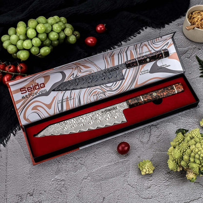 Seido Epokishi 8.5 Inch AUS-10 Damascus Kiritsuke Knife, Orange Resin | Japanese-style kiritsuke knife with AUS-10 steel, 67-layer Damascus finish, and vibrant orange resin handle.
