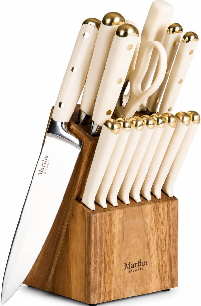 Knife Block Set 16-Piece - Lockton High Carbon Stainless Steel Forged Full Tang Chef Knives, Acacia Wood Block, Triple Riveted Handles, Linen White & Gold