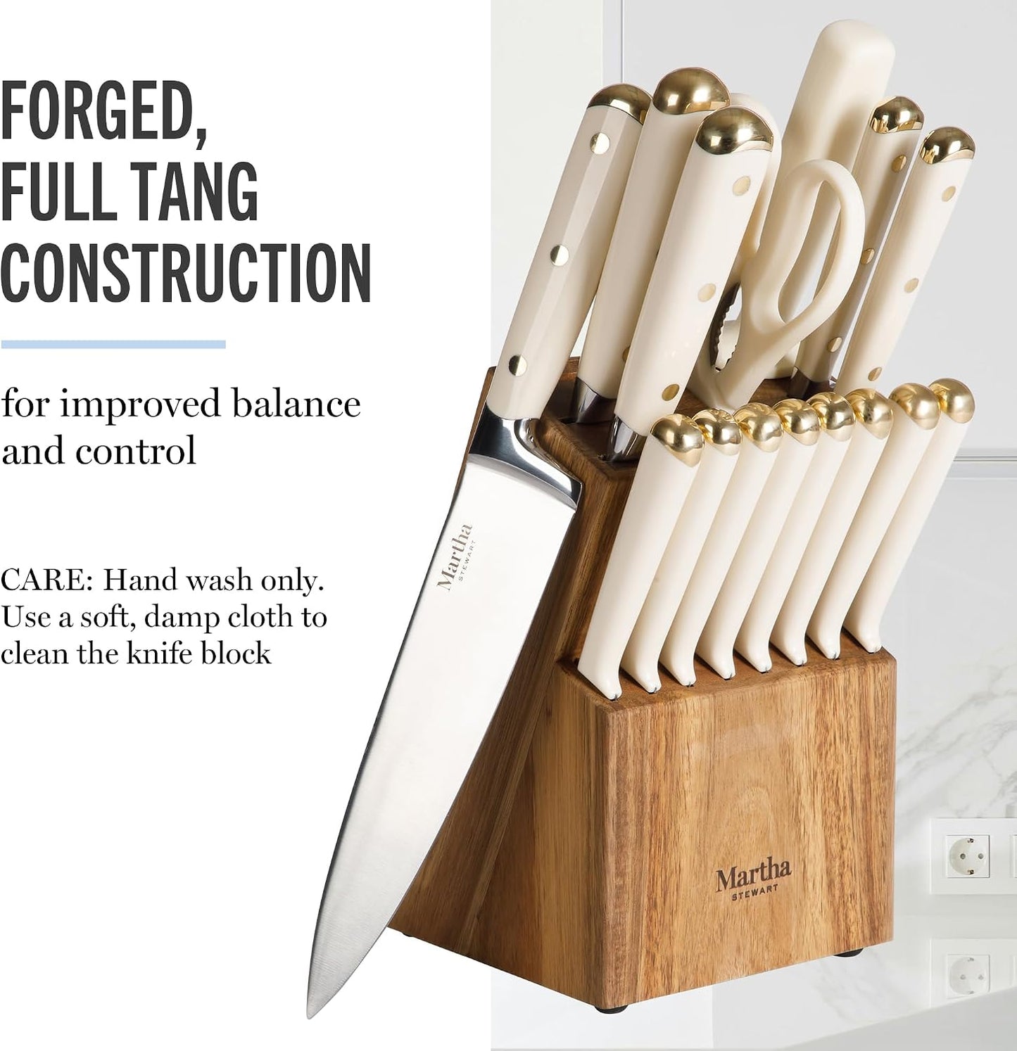 Knife Block Set 16-Piece - Lockton High Carbon Stainless Steel Forged Full Tang Chef Knives, Acacia Wood Block, Triple Riveted Handles, Linen White & Gold
