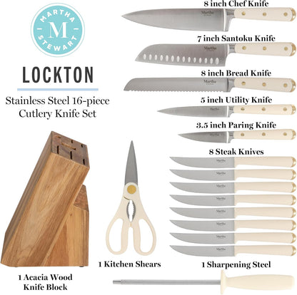 Knife Block Set 16-Piece - Lockton High Carbon Stainless Steel Forged Full Tang Chef Knives, Acacia Wood Block, Triple Riveted Handles, Linen White & Gold
