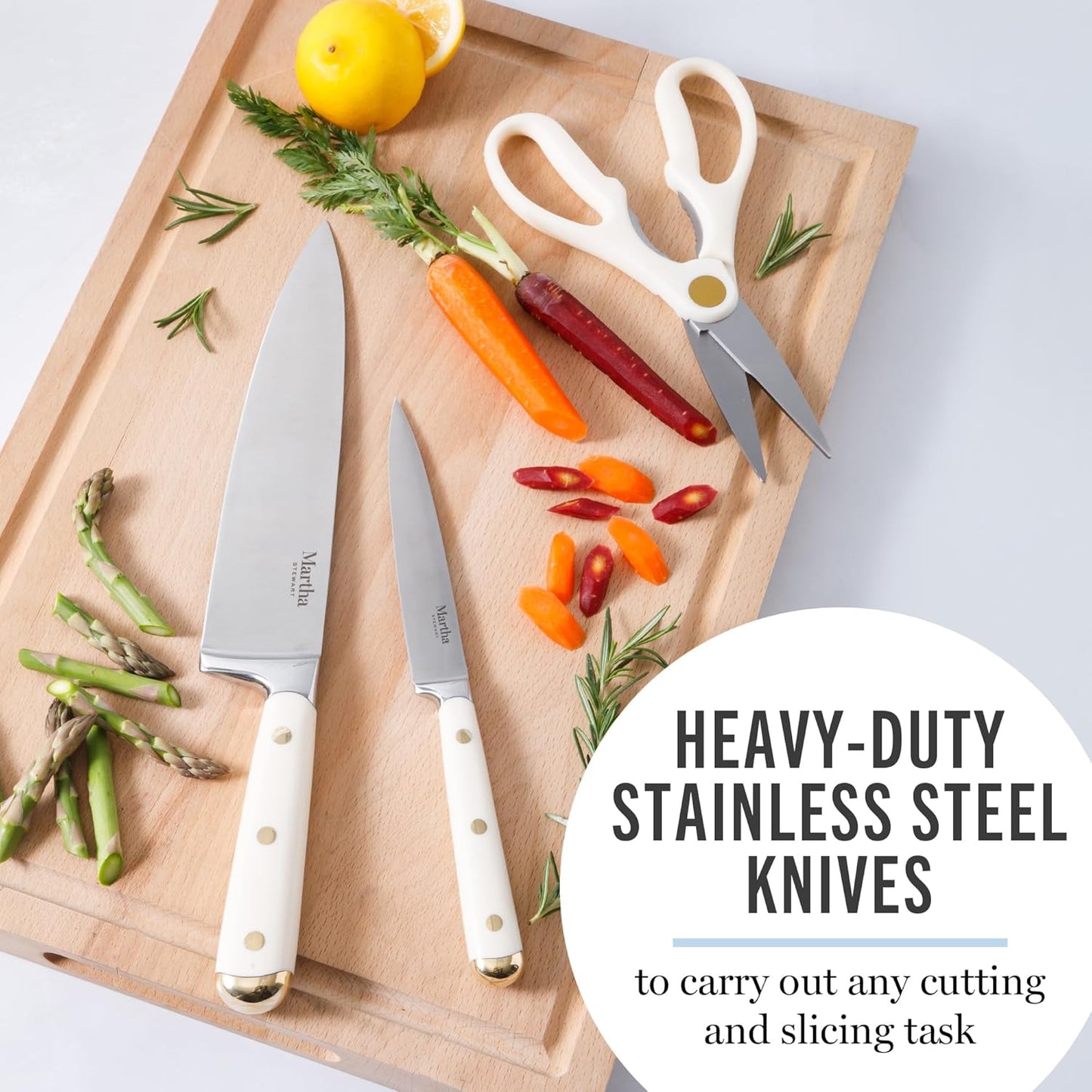Knife Block Set 16-Piece - Lockton High Carbon Stainless Steel Forged Full Tang Chef Knives, Acacia Wood Block, Triple Riveted Handles, Linen White & Gold
