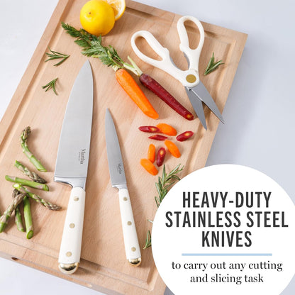 Knife Block Set 16-Piece - Lockton High Carbon Stainless Steel Forged Full Tang Chef Knives, Acacia Wood Block, Triple Riveted Handles, Linen White & Gold