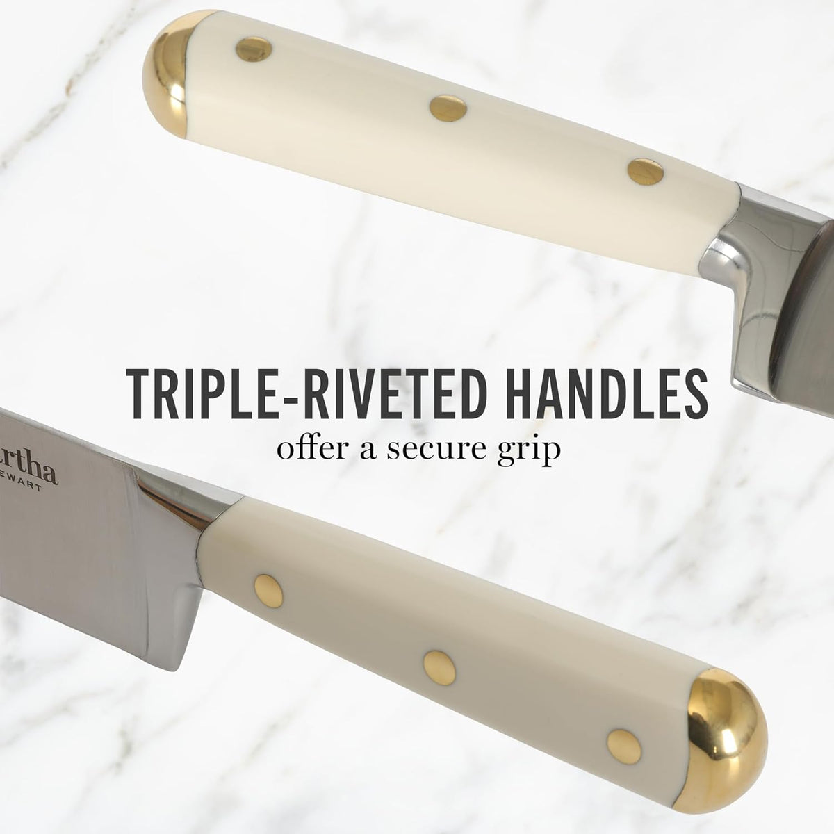 Knife Block Set 16-Piece - Lockton High Carbon Stainless Steel Forged Full Tang Chef Knives, Acacia Wood Block, Triple Riveted Handles, Linen White & Gold