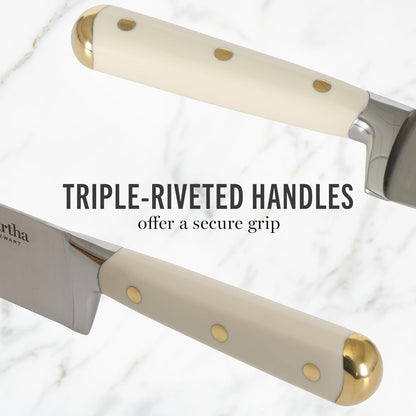 Knife Block Set 16-Piece - Lockton High Carbon Stainless Steel Forged Full Tang Chef Knives, Acacia Wood Block, Triple Riveted Handles, Linen White & Gold