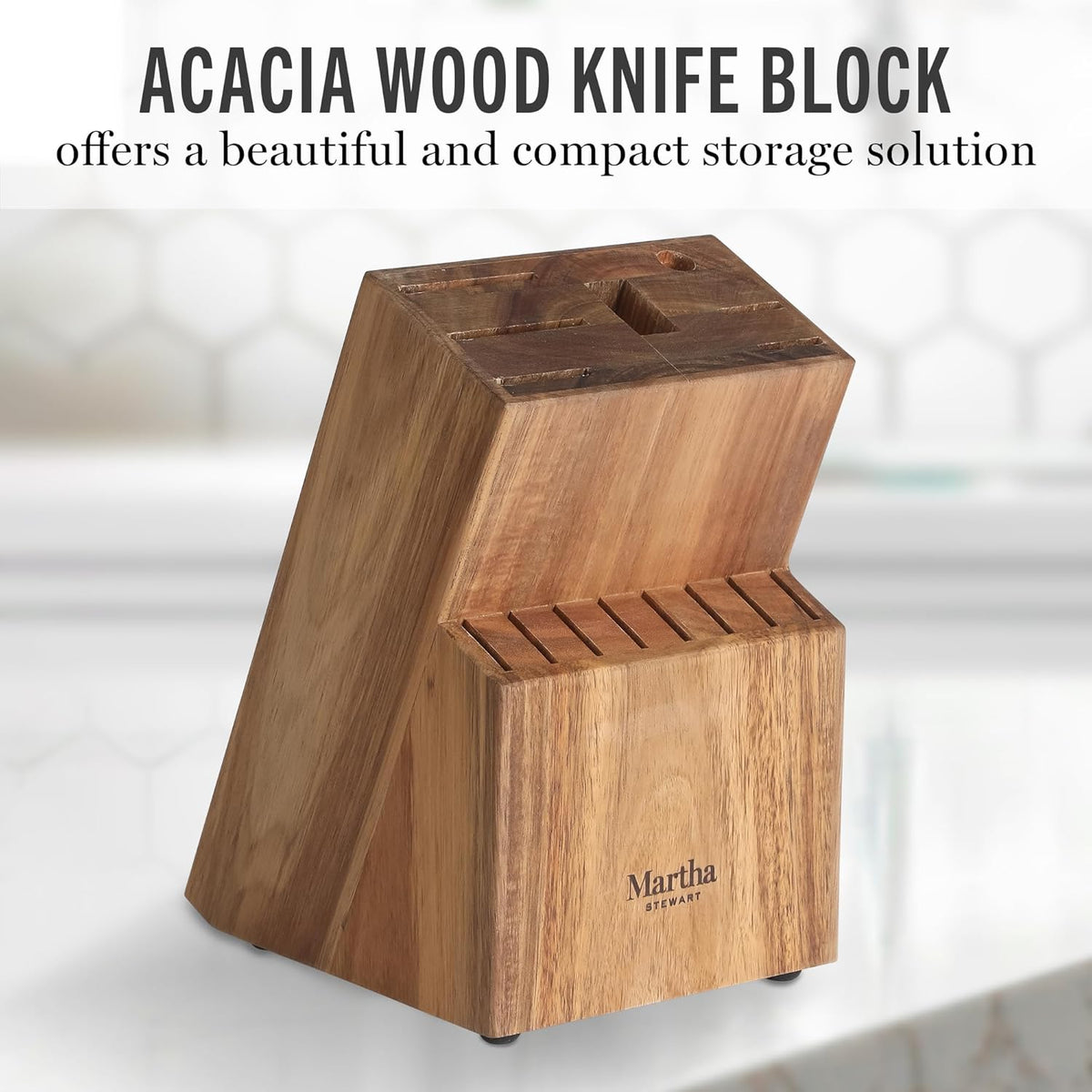 Knife Block Set 16-Piece - Lockton High Carbon Stainless Steel Forged Full Tang Chef Knives, Acacia Wood Block, Triple Riveted Handles, Linen White & Gold
