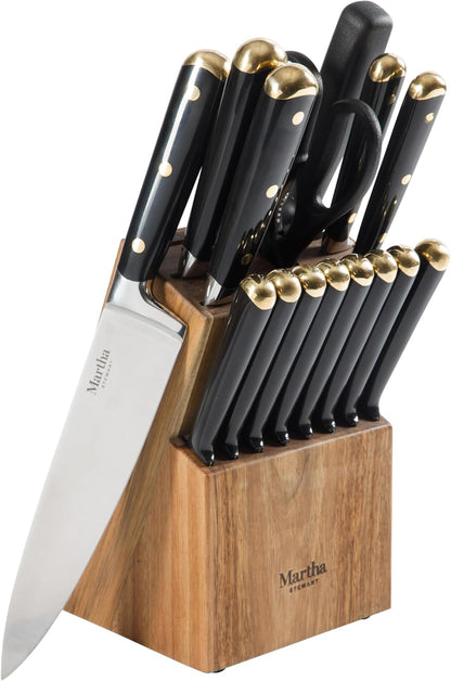 Knife Block Set 16-Piece - Lockton High Carbon Stainless Steel Forged Full Tang Chef Knives, Acacia Wood Block, Triple Riveted Handles, Linen White & Gold