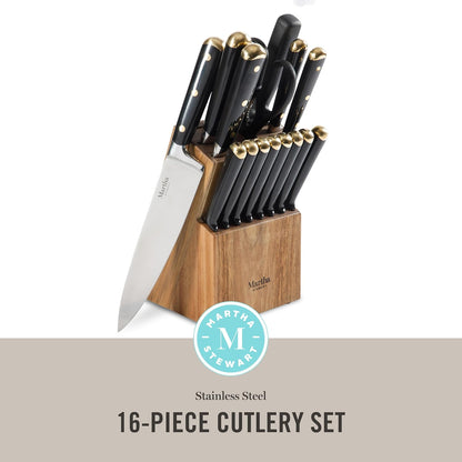 Knife Block Set 16-Piece - Lockton High Carbon Stainless Steel Forged Full Tang Chef Knives, Acacia Wood Block, Triple Riveted Handles, Linen White & Gold