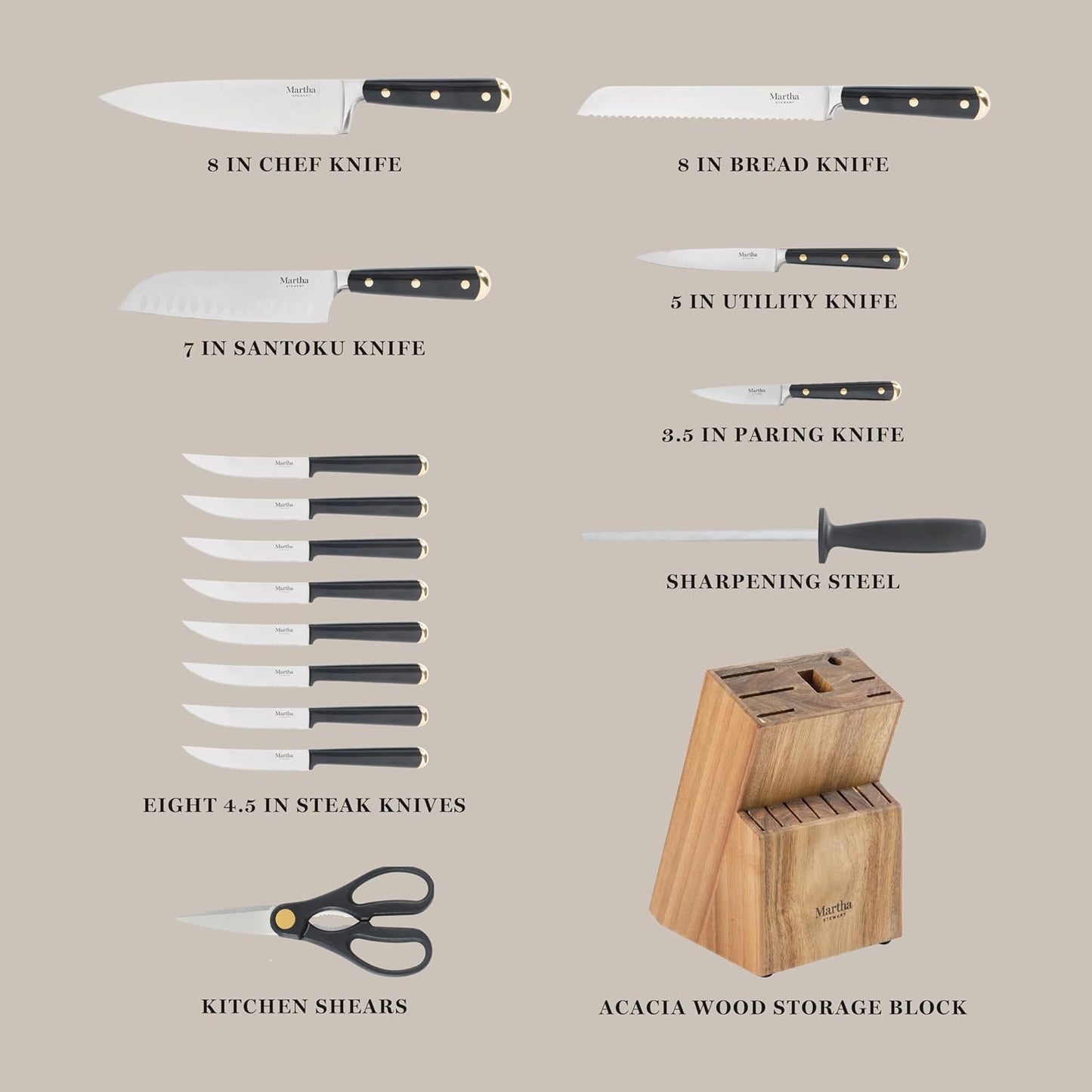Knife Block Set 16-Piece - Lockton High Carbon Stainless Steel Forged Full Tang Chef Knives, Acacia Wood Block, Triple Riveted Handles, Linen White & Gold