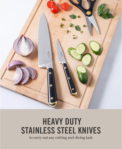 Knife Block Set 16-Piece - Lockton High Carbon Stainless Steel Forged Full Tang Chef Knives, Acacia Wood Block, Triple Riveted Handles, Linen White & Gold