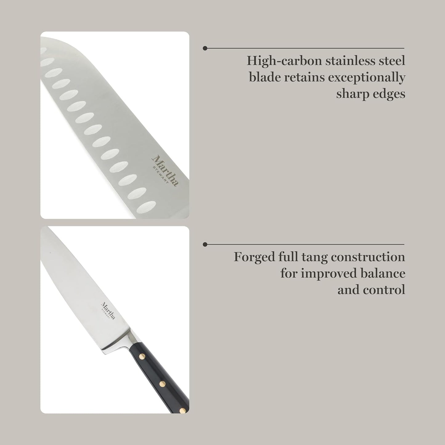 Knife Block Set 16-Piece - Lockton High Carbon Stainless Steel Forged Full Tang Chef Knives, Acacia Wood Block, Triple Riveted Handles, Linen White & Gold
