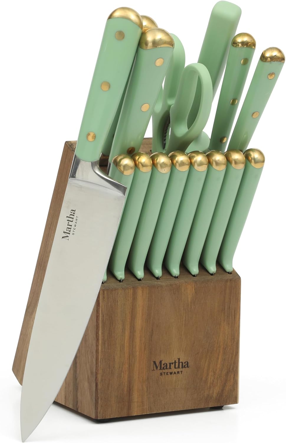 Knife Block Set 16-Piece - Lockton High Carbon Stainless Steel Forged Full Tang Chef Knives, Acacia Wood Block, Triple Riveted Handles, Linen White & Gold